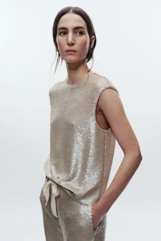 Bowen Sequin Muscle Tank, Pearl sold by Saint Art