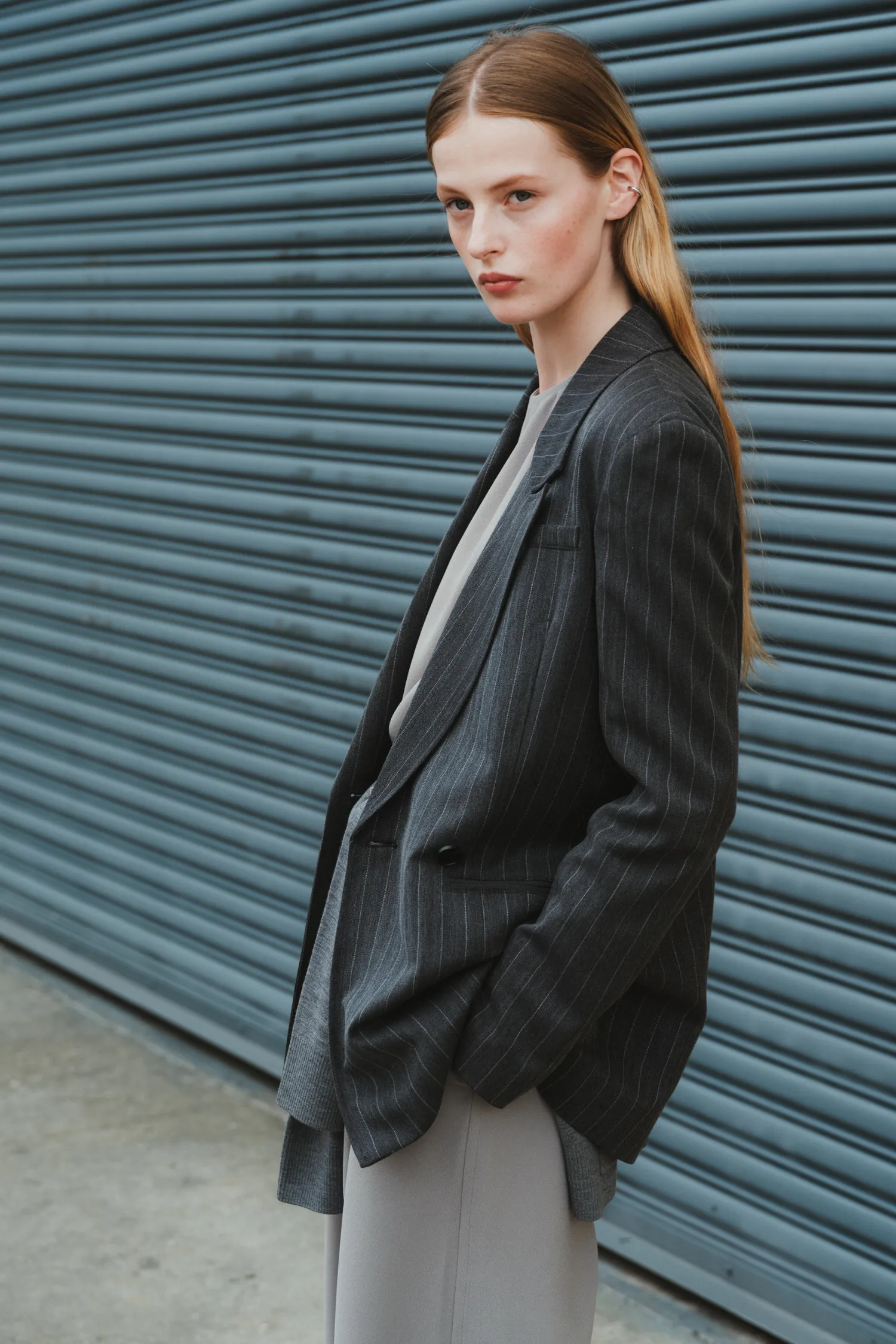 Oxford Pinstripe Blazer, Grey sold by Saint Art