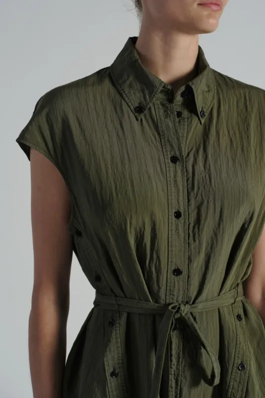 Talma Cap Sleeve Button Dress, Olive Pinstripe made by Saint Art