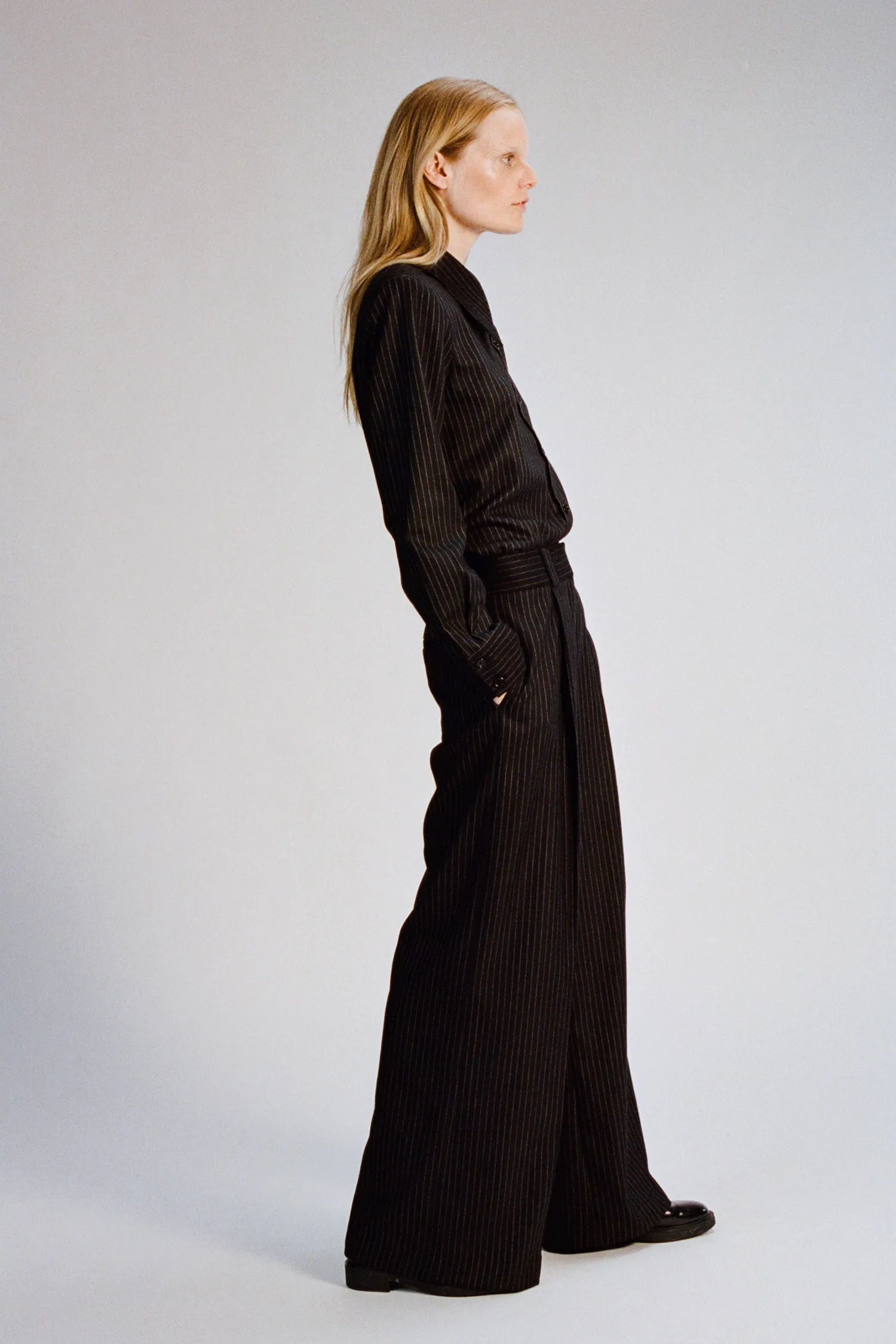 Tiffany Mid-Waisted Wideleg Trouser, Charcoal Pinstripe sold by Saint Art product image thumbnail 3