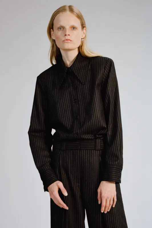 Tiffany Mid-Waisted Wideleg Trouser, Charcoal Pinstripe sold by Saint Art