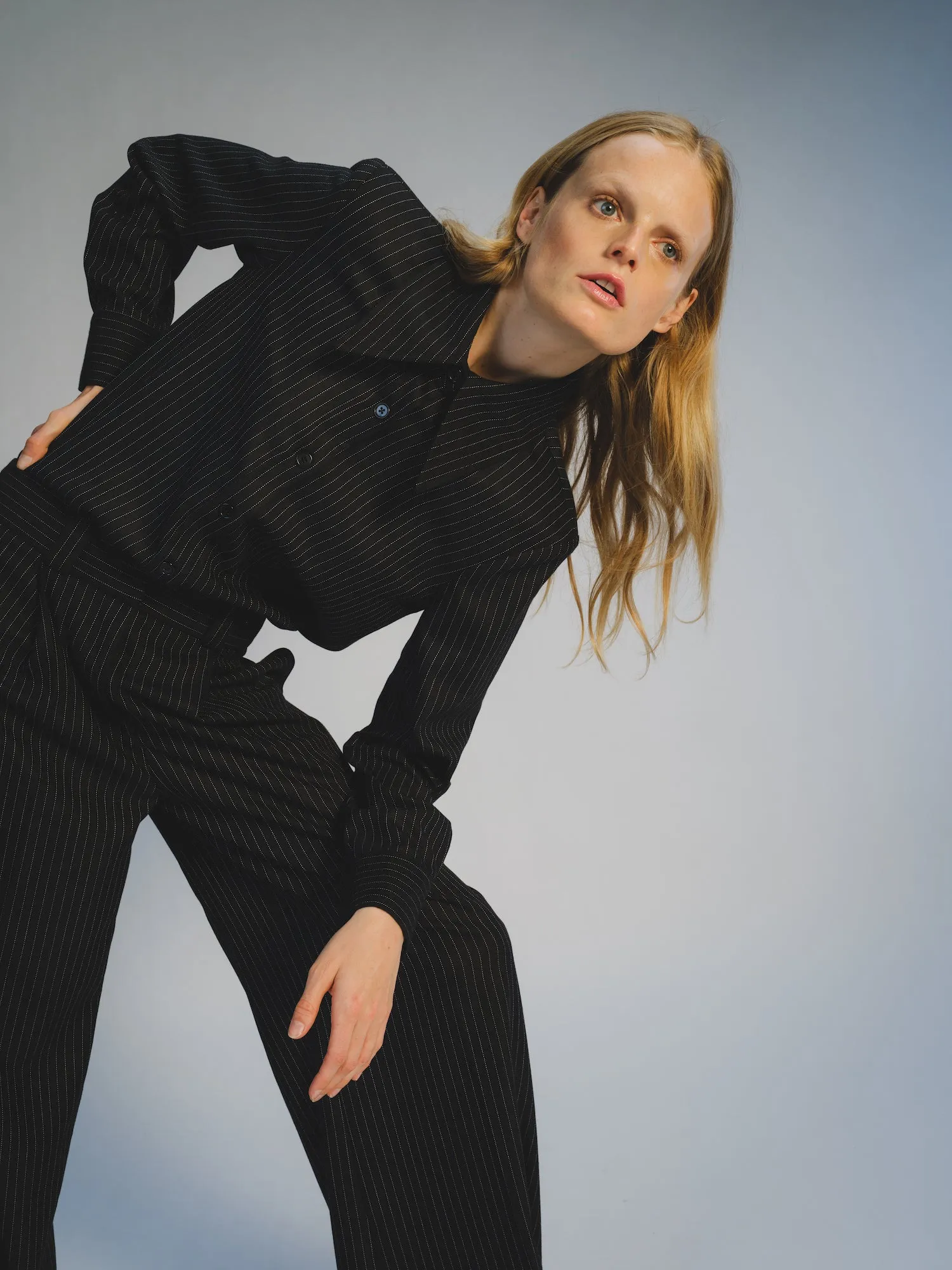 Tiffany Mid-Waisted Wideleg Trouser, Charcoal Pinstripe sold by Saint Art product image thumbnail 4