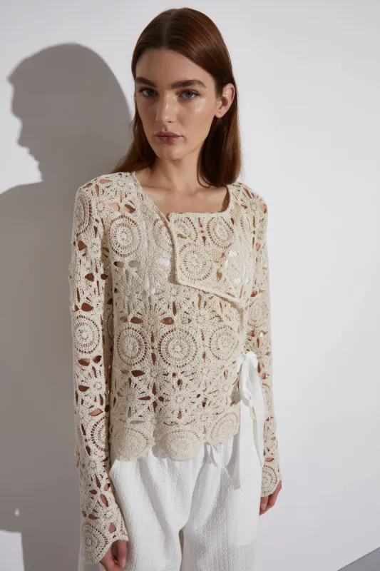 Mila Crochet Tie Jacket, Cream sold by Saint Art