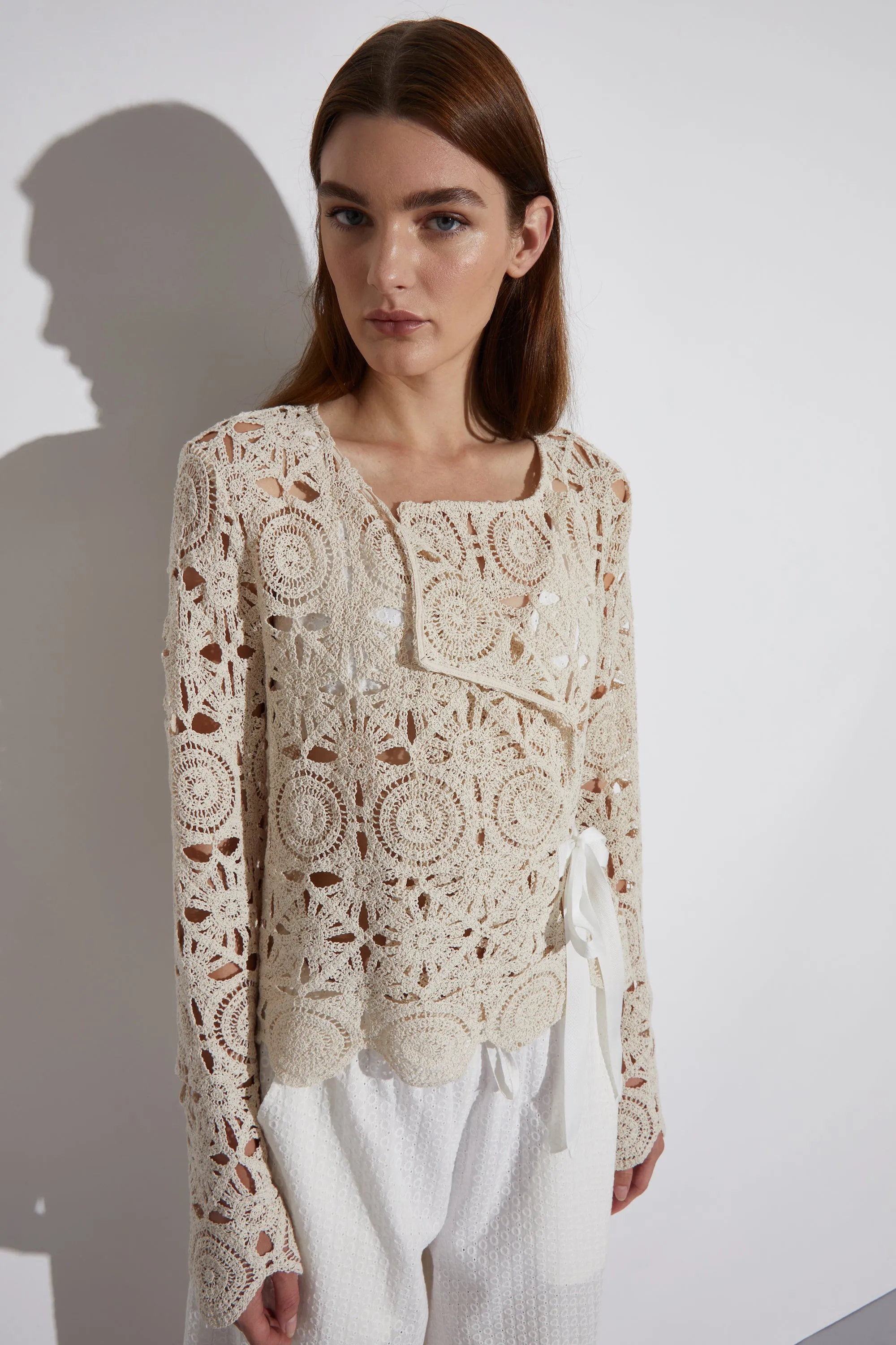 Mila Crochet Tie Jacket, Cream sold by Saint Art