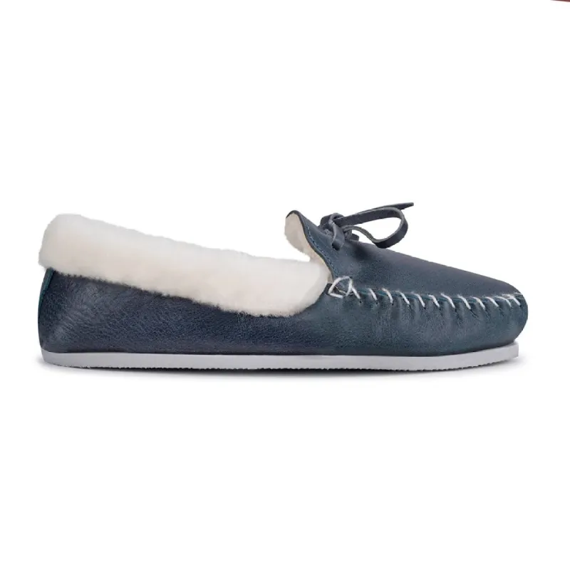 The Men's Cozy Moccasin in Denim Blue - (av) sold by Adelante Shoe
