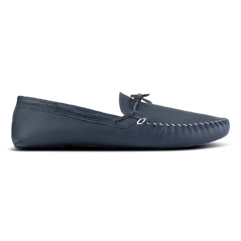 The Men's Moccasin in Denim Blue - (av) sold by Adelante Shoe
