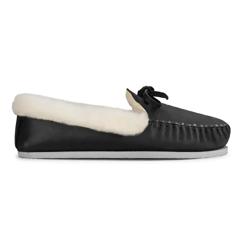 The Women's Cozy Moccasin in Black - (av) sold by Adelante Shoe