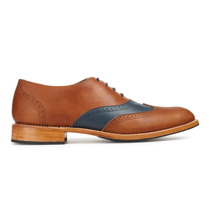 The Clásico in Caramel and Denim Blue - (av) sold by Adelante Shoe