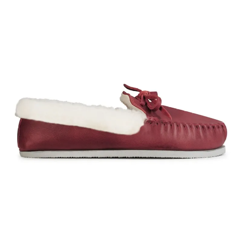 The Women's Cozy Moccasin in Pomegranate ~ Super Wide sold by Adelante Shoe