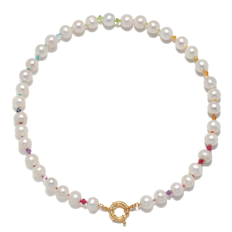 New! Freshwater Pearl & Rainbow Gemstone Knotted Necklace sold by Amelia Rose Design