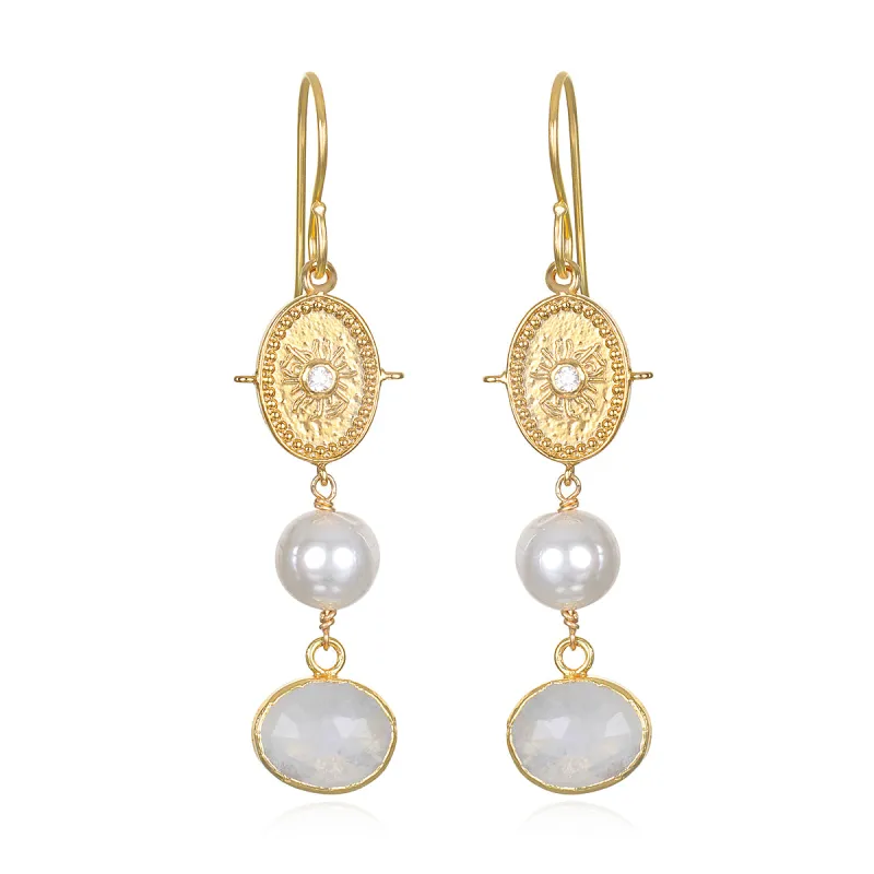 Freshwater Pearl & Rainbow Moonstone Medallion Earrings sold by Amelia Rose Design