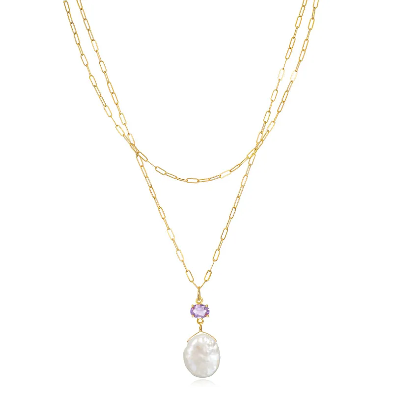 Layered Pink Amethyst & Keshi Pearl Necklace sold by Amelia Rose Design