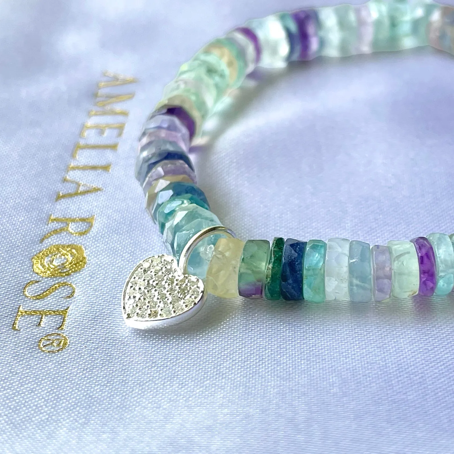 Diamond Heart & Rainbow Fluorite Beaded Bracelet sold by Amelia Rose Design