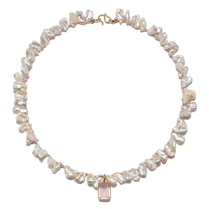 New! Freshwater Pearl  & Rose Quartz Knotted Necklace sold by Amelia Rose Design
