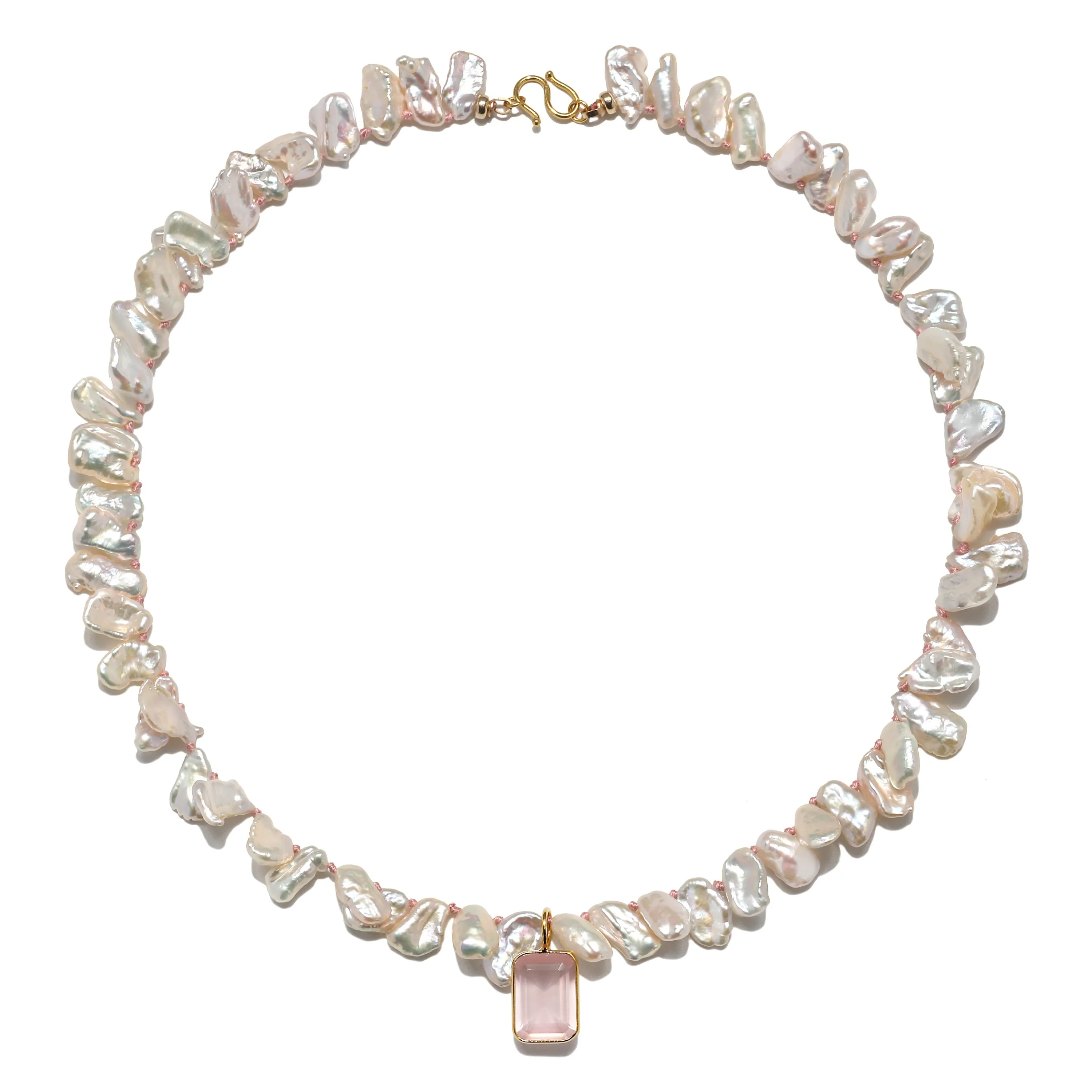 New! Freshwater Pearl & Rose Quartz Knotted Necklace sold by Amelia Rose Design