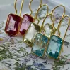 Bezeled Emerald Cut Dangles-Pink Topaz Gold sold by Amelia Rose Design