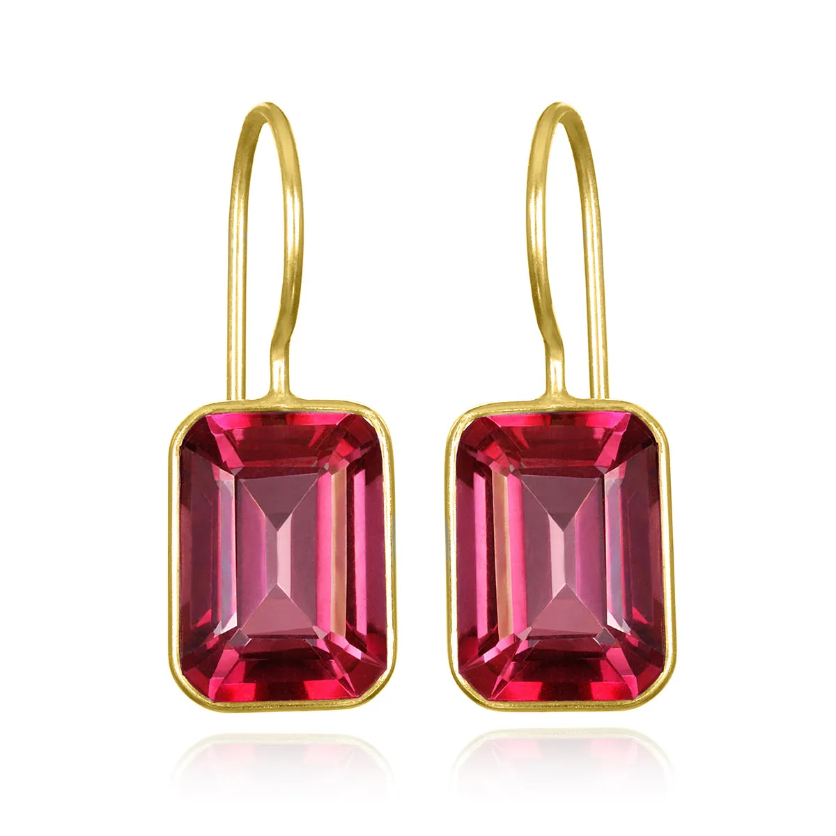 Bezeled Emerald Cut Dangles-Pink Topaz Gold sold by Amelia Rose Design