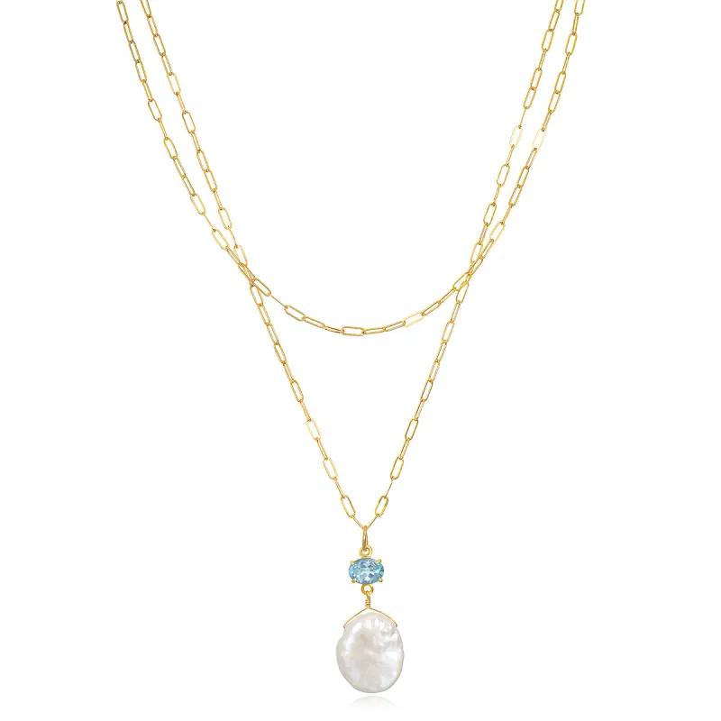 Layered Sky Blue Topaz & Keshi Pearl Necklace sold by Amelia Rose Design