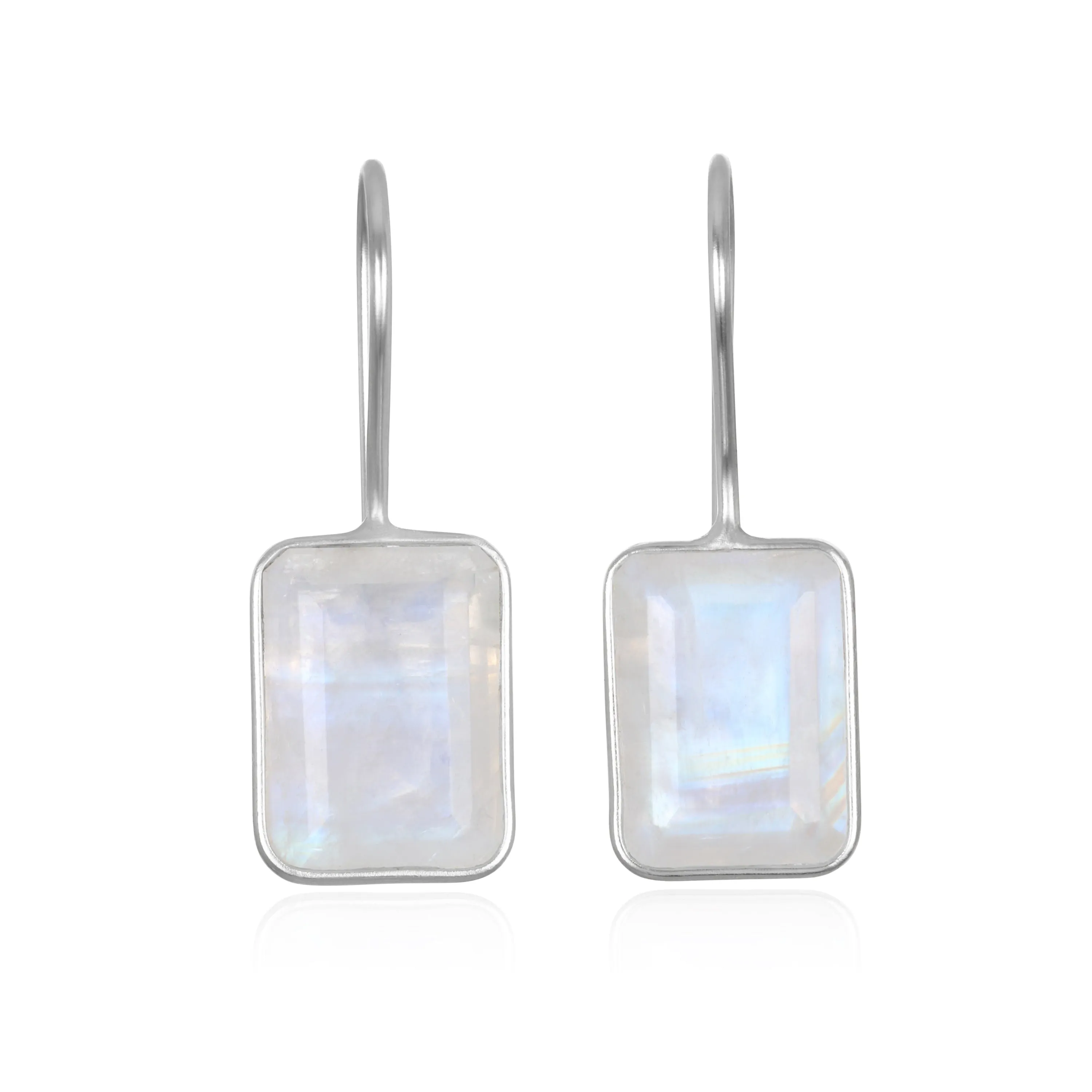 Bezeled Emerald Cut Dangles-Rainbow Moonstone Silver sold by Amelia Rose Design