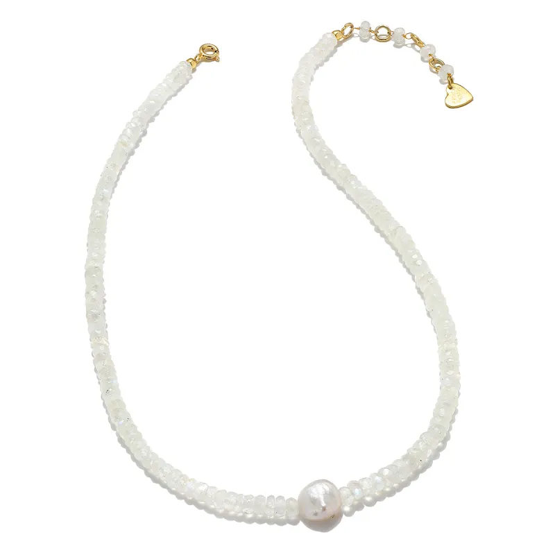 Rainbow Moonstone and Baroque Pearl Necklace sold by Amelia Rose Design