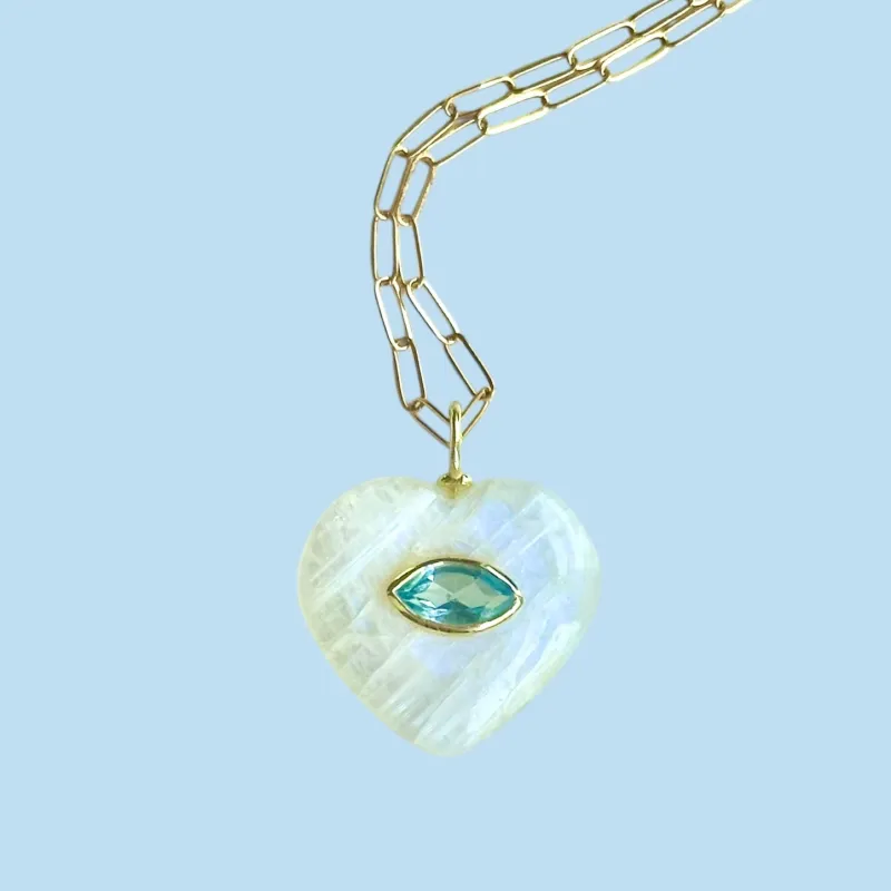New!  Rainbow Moonstone & Blue Topaz Heart Charm Necklace sold by Amelia Rose Design