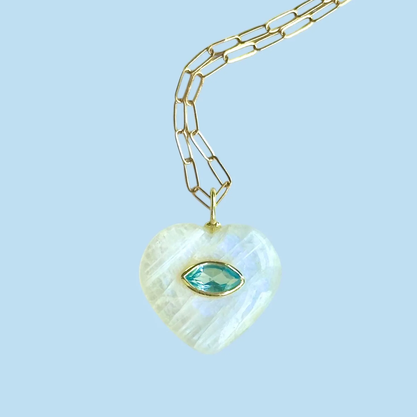 New! Rainbow Moonstone & Blue Topaz Heart Charm Necklace sold by Amelia Rose Design