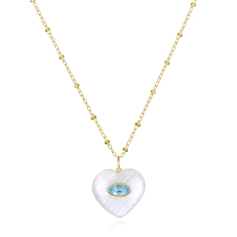 New! Rainbow Moonstone & Blue Topaz Heart Satellite Necklace sold by Amelia Rose Design