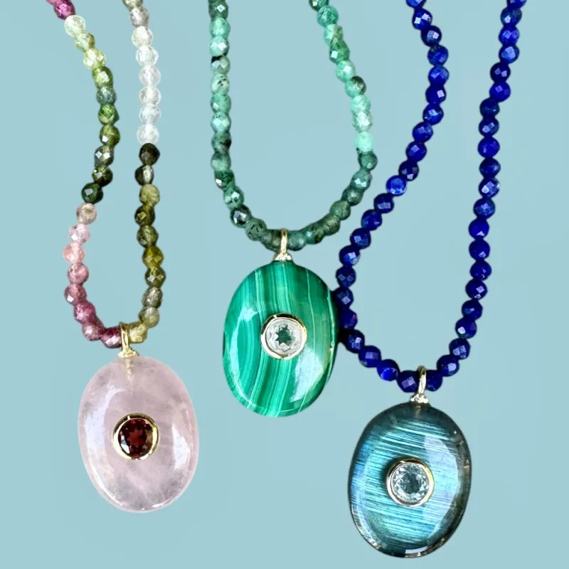New!  Triple Gemstone Beaded Chokers-Rose Quartz & Tourmaline sold by Amelia Rose Design