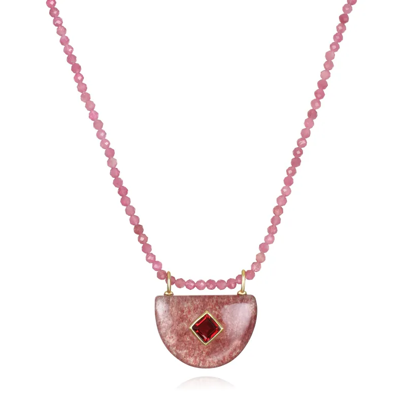 Strawberry Quartz & Garnet Half Moon Necklace sold by Amelia Rose Design