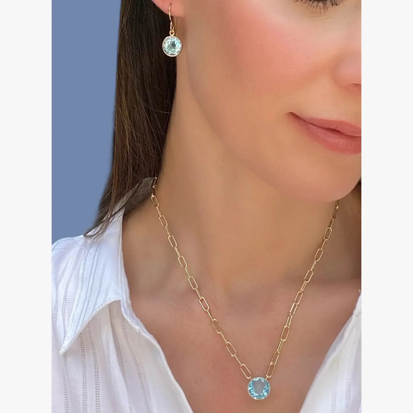 New! Bezeled Round Gem Drop Dangle-Blue Topaz sold by Amelia Rose Design product image thumbnail 2