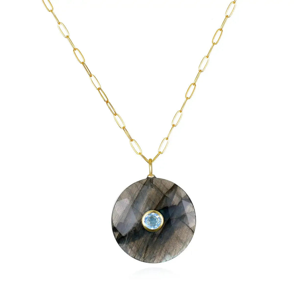 New! Labradorite & Topaz Statement Coin Paperclip Necklace sold by Amelia Rose Design