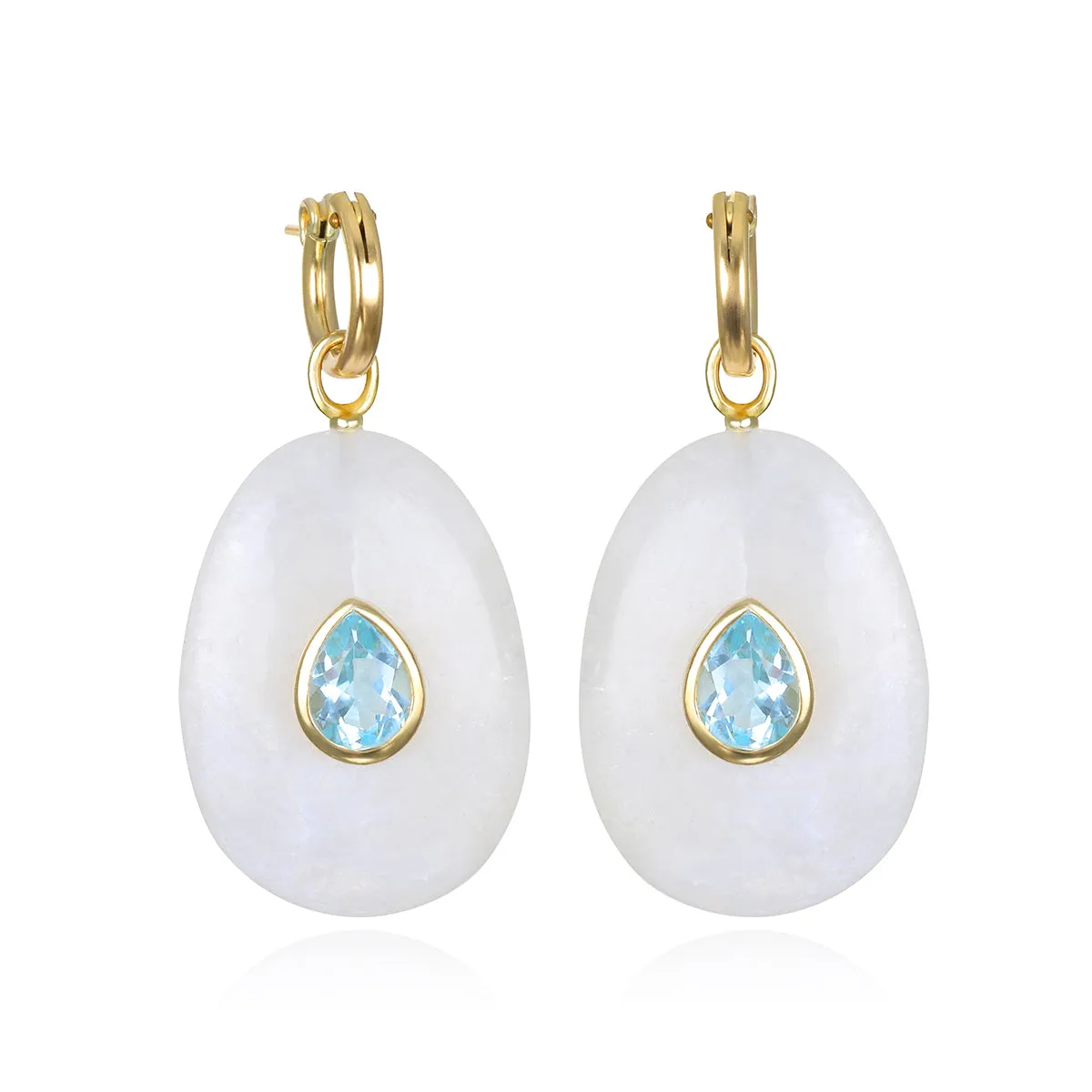 New! Grand Moonstone & Topaz Huggies sold by Amelia Rose Design