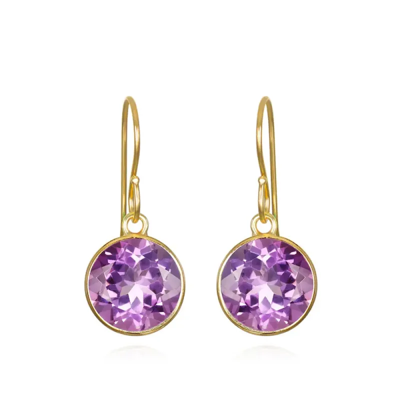 Bezel Round Gemdrop Dangles - Amethyst - Gold sold by Amelia Rose Design