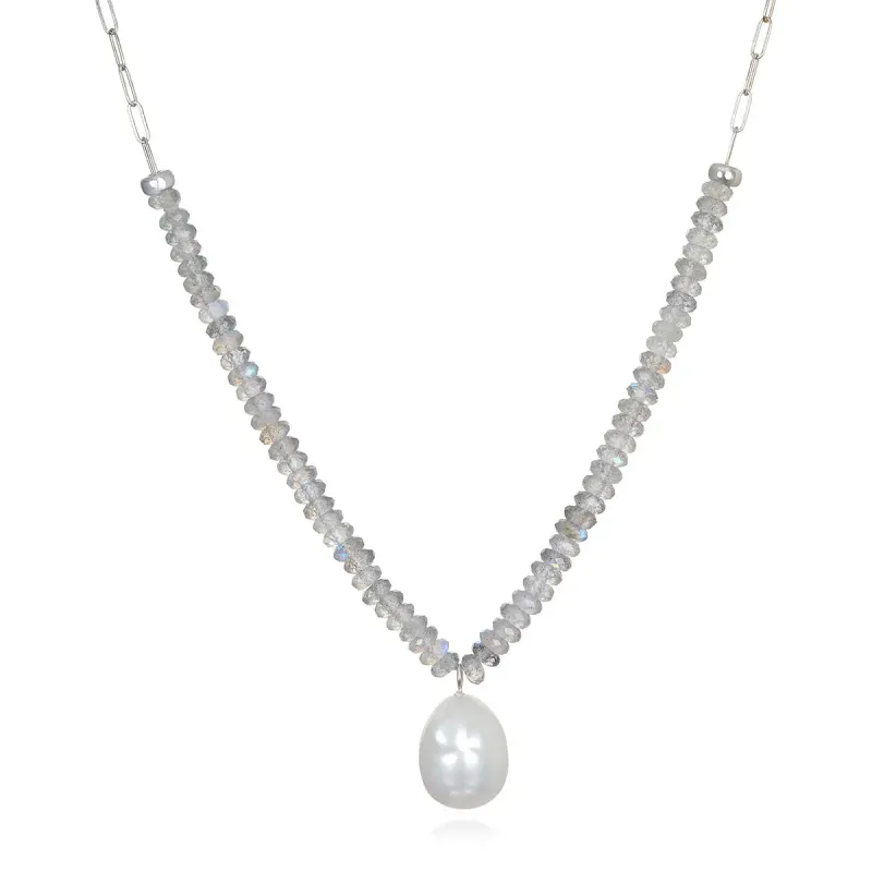 Beaded Paperclip Necklace-Labradorite & Pearl sold by Amelia Rose Design