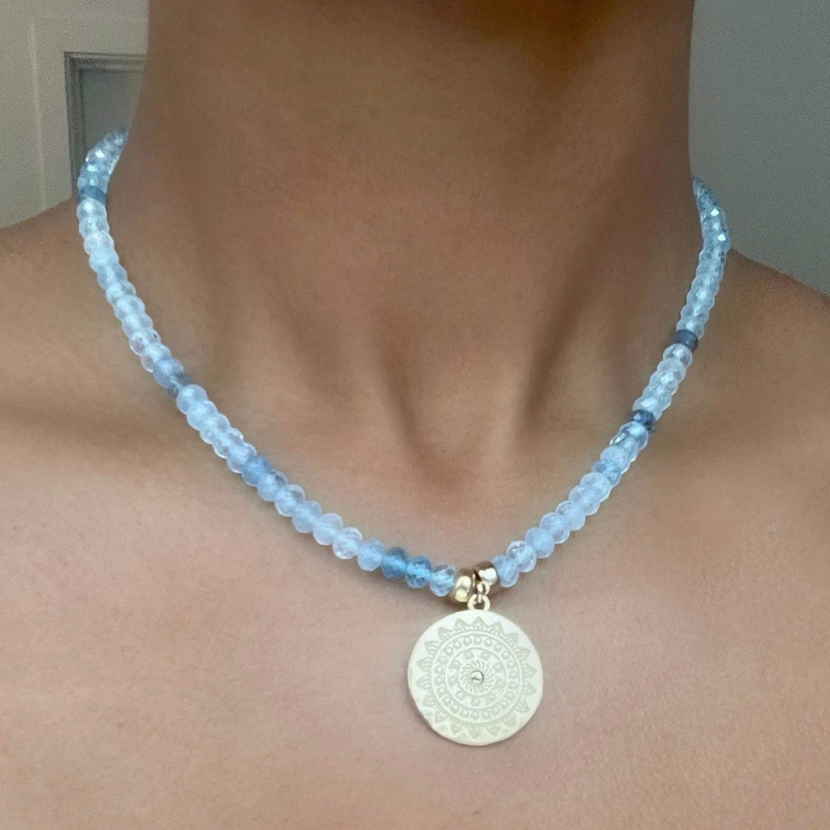 New! Aquamarine Sun Medallion Necklace sold by Amelia Rose Design