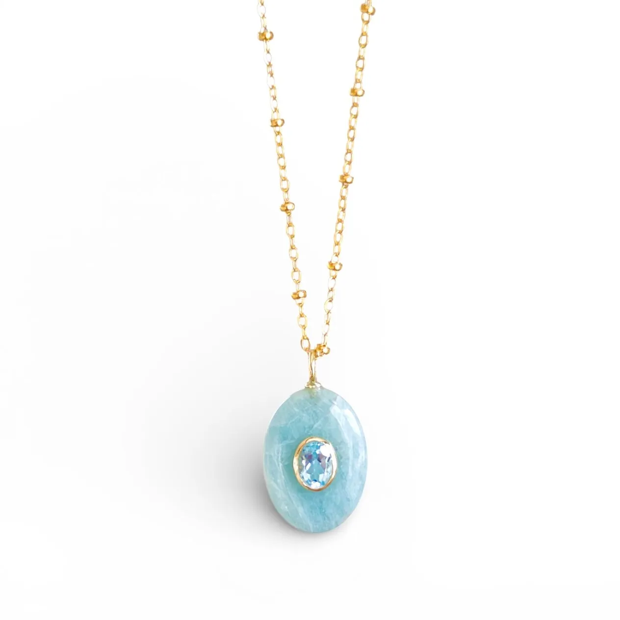 New! Gemstone Oval Satellite Necklace-Aquamarine & Topaz sold by Amelia Rose Design