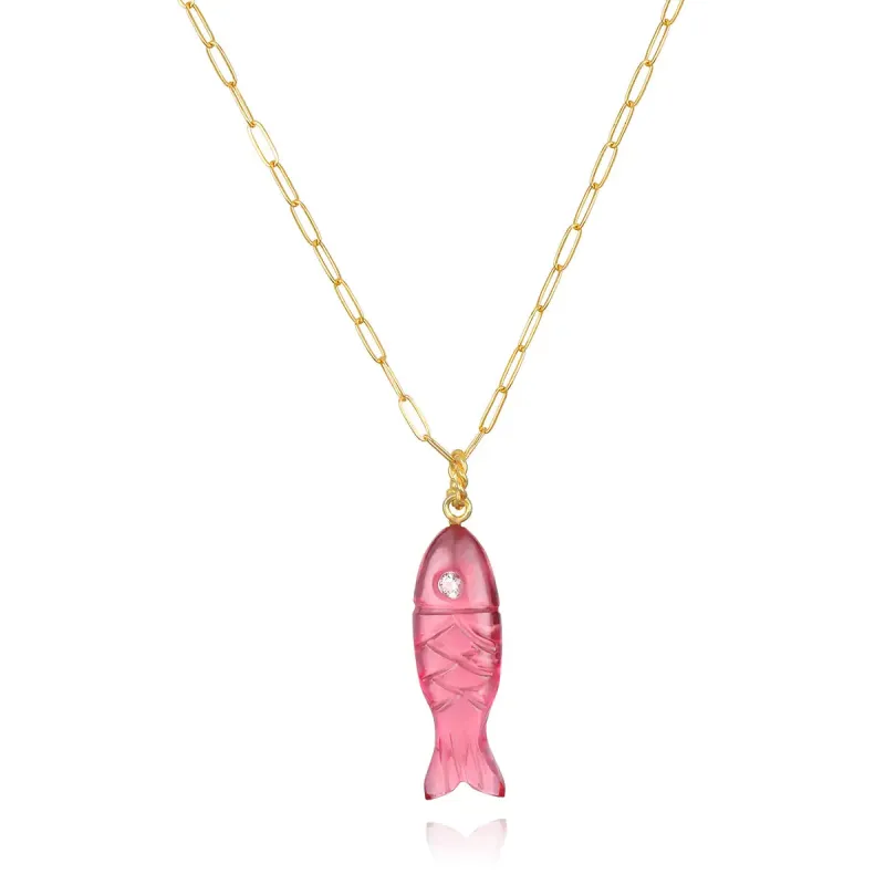 New! Carved Stone Fish Necklace-Pink Quartz made by Amelia Rose Design