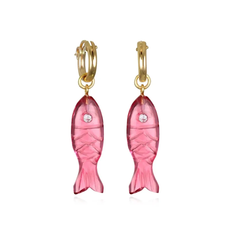 New! Carved Stone Fish Huggies-Pink Quartz made by Amelia Rose Design