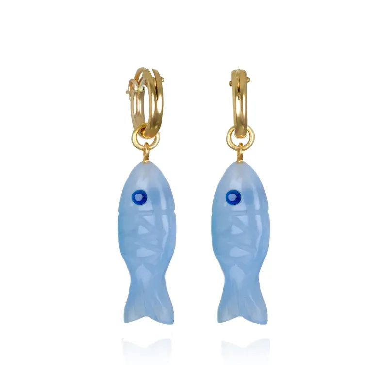 New! Carved Stone Fish Huggies-Blue Chalcedony made by Amelia Rose Design