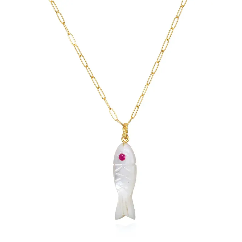 New!  Carved Stone Fish Necklace-Mother of Pearl made by Amelia Rose Design