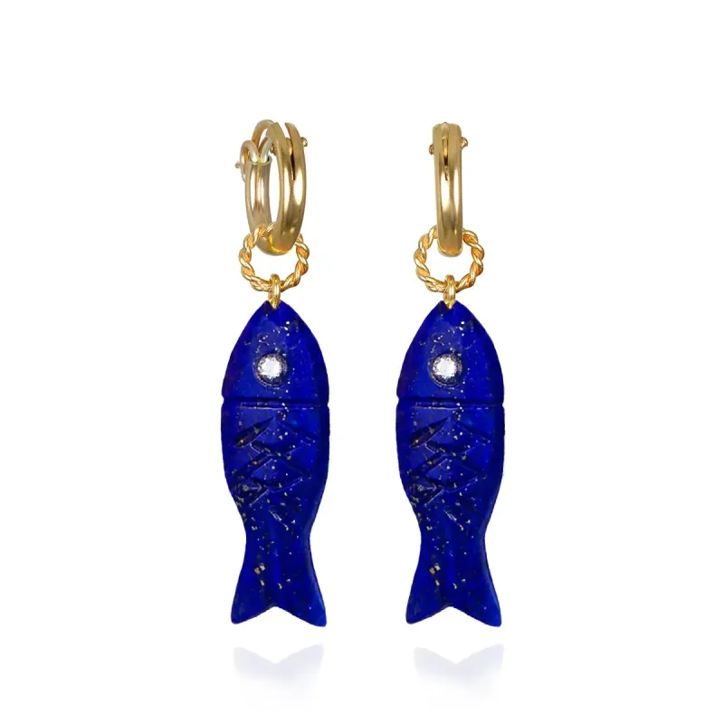 New! Carved Stone Fish Huggies-Lapis made by Amelia Rose Design