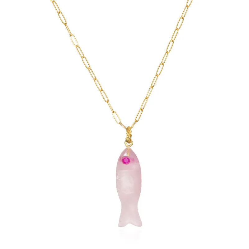 New!  Carved Stone Fish Necklace-Rose Quartz made by Amelia Rose Design