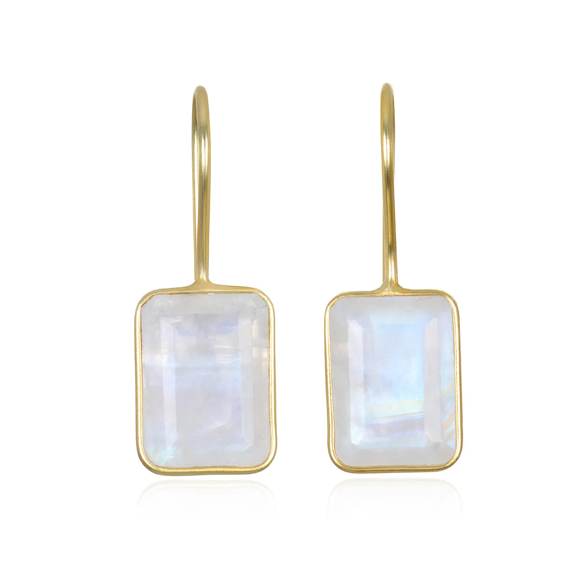 Bezeled Emerald Cut Dangles-Rainbow Moonstone Gold sold by Amelia Rose Design