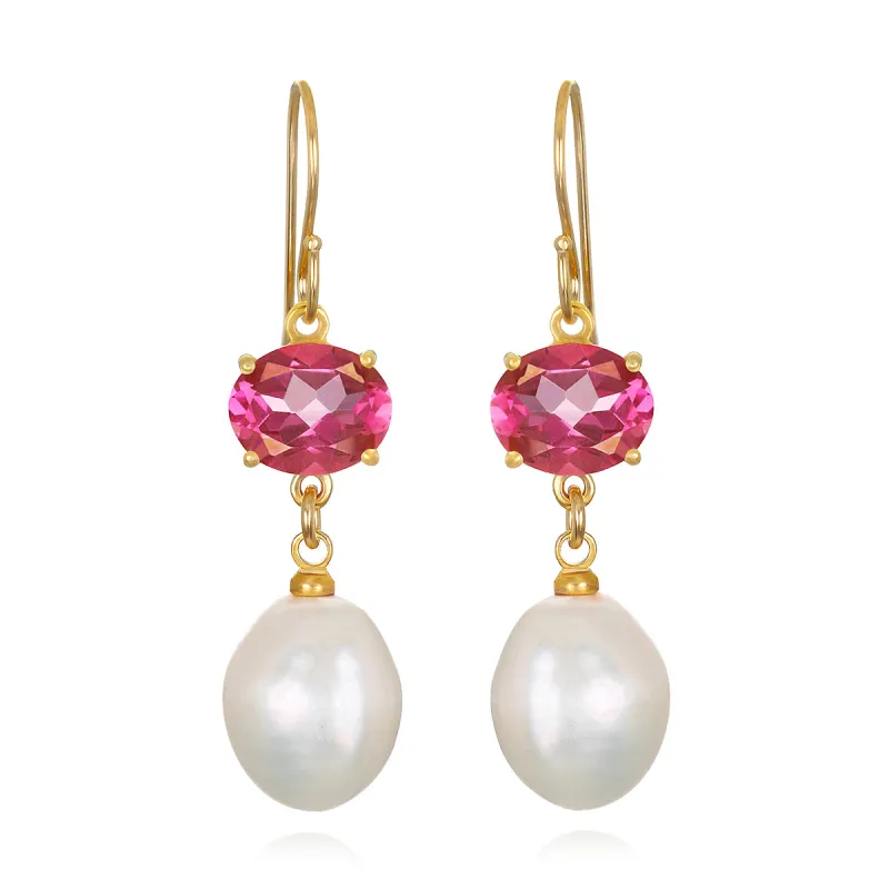 Baroque Pearl & Gemstone Dangle Earrings - Pink Topaz sold by Amelia Rose Design