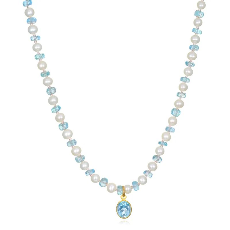 Freshwater Pearl & Sky Blue Topaz Necklace sold by Amelia Rose Design