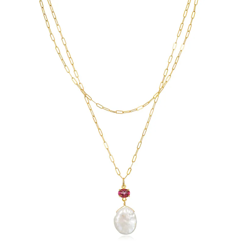 Layered Pink Topaz & Keshi Pearl Necklace sold by Amelia Rose Design