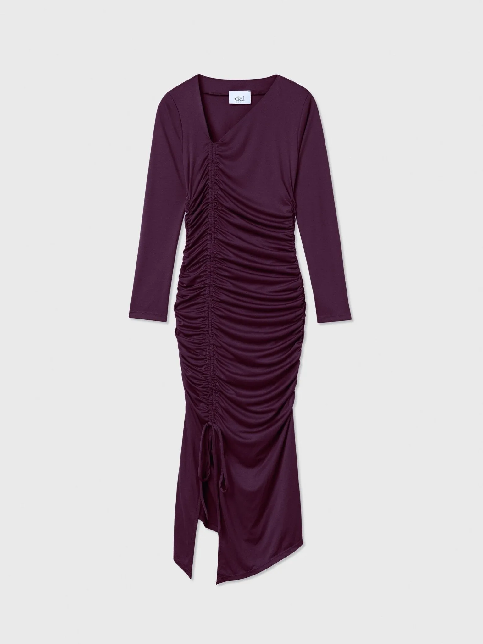 The Ruched Asymmetric Midi Dress sold by Dal the Label