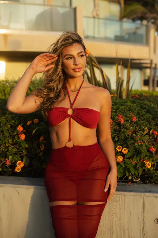 Rowan in Ruby Red Beach Maxi Dress made by Ivy Swimwear