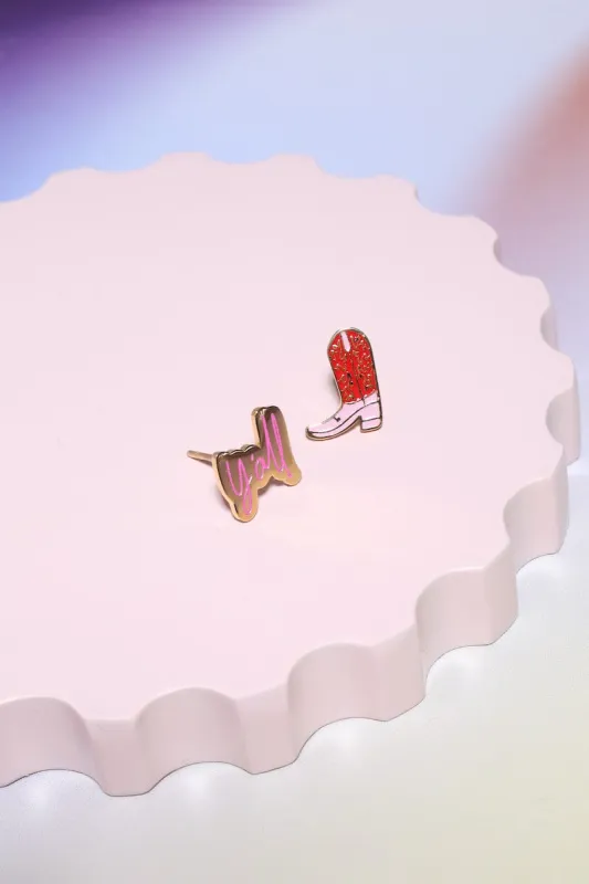 Y'all + Cowboy Boot Enamel Charm Stud Earrings sold by Mulberry and Grand