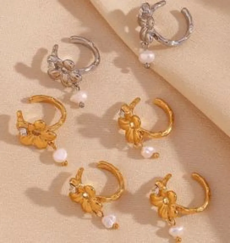 Flower Charm Pearl Ear Cuff sold by Mulberry and Grand